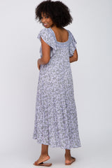 Lavender Floral Square Embroidered Neck Midi Dress