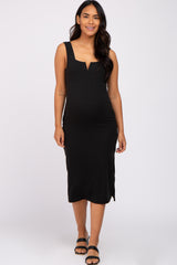 Black Ribbed Square Neck Split Front Maternity Midi Dress