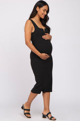 Black Ribbed Square Neck Split Front Maternity Midi Dress