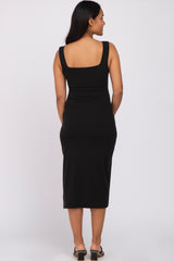 Black Ribbed Square Neck Split Front Maternity Midi Dress