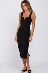 Black Ribbed Square Neck Split Front Maternity Midi Dress