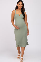 Light Olive Ribbed Square Neck Split Front Maternity Midi Dress