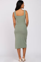 Light Olive Ribbed Square Neck Split Front Maternity Midi Dress