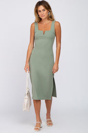 Light Olive Ribbed Square Neck Split Front Midi Dress