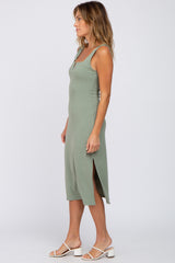 Light Olive Ribbed Square Neck Split Front Midi Dress