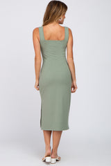 Light Olive Ribbed Square Neck Split Front Midi Dress