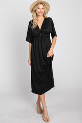 Black Knotted Front Short Sleeve Midi Dress