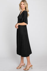 Black Knotted Front Short Sleeve Midi Dress