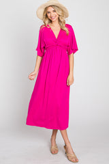 Fuchsia Knotted Front Short Sleeve Midi Dress