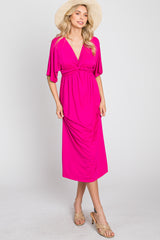 Fuchsia Knotted Front Short Sleeve Midi Dress