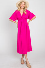 Fuchsia Knotted Front Short Sleeve Midi Dress