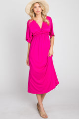 Fuchsia Knotted Front Short Sleeve Maternity Midi Dress