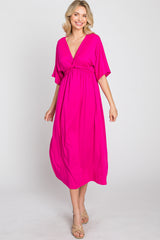 Fuchsia Knotted Front Short Sleeve Midi Dress