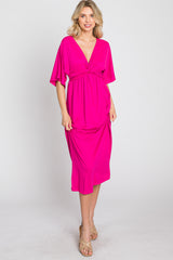 Fuchsia Knotted Front Short Sleeve Midi Dress