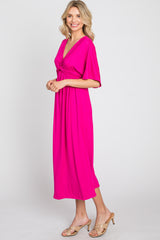 Fuchsia Knotted Front Short Sleeve Midi Dress