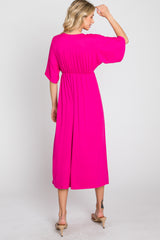 Fuchsia Knotted Front Short Sleeve Midi Dress