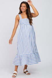 Blue Striped Sleeveless Ruffle Hem Maternity Maxi Dress