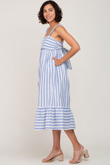 Blue Striped Sleeveless Ruffle Hem Maxi Dress