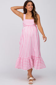 Pink Striped Sleeveless Ruffle Hem Maternity Maxi Dress