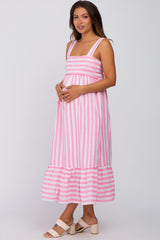 Pink Striped Sleeveless Ruffle Hem Maternity Maxi Dress