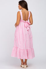 Pink Striped Sleeveless Ruffle Hem Maternity Maxi Dress