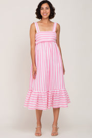 Pink Striped Sleeveless Ruffle Hem Maxi Dress