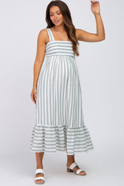 Sage Striped Sleeveless Ruffle Hem Maternity Maxi Dress