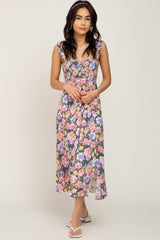 Forest Green Multi-Colored Floral Smocked Midi Dress