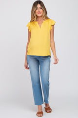 Yellow Split Neck Flutter Sleeve Maternity Blouse