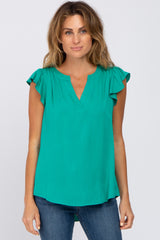 Emerald Green Split Neck Flutter Sleeve Blouse