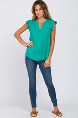 Emerald Green Split Neck Flutter Sleeve Blouse