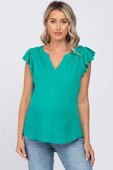 Emerald Green Split Neck Flutter Sleeve Maternity Blouse