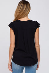 Black Split Neck Flutter Sleeve Maternity Blouse