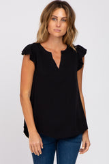 Black Split Neck Flutter Sleeve Blouse