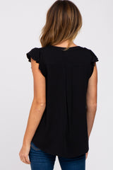 Black Split Neck Flutter Sleeve Blouse