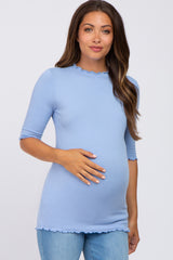 Light Blue Lettuce Hem Fitted Maternity Top