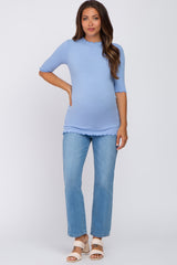 Light Blue Lettuce Hem Fitted Maternity Top