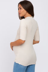 Beige Short Sleeve Ribbed Knit Maternity Top