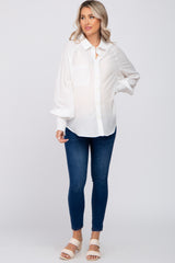 White Button Up Smocked Sleeve Maternity Top