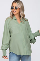 Light Olive Button Up Smocked Sleeve Maternity Top