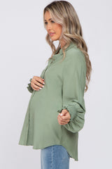 Light Olive Button Up Smocked Sleeve Maternity Top