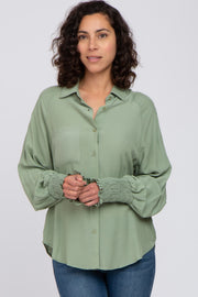 Light Olive Button Up Smocked Sleeve Top