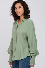 Light Olive Button Up Smocked Sleeve Top