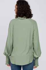 Light Olive Button Up Smocked Sleeve Top