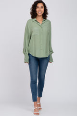 Light Olive Button Up Smocked Sleeve Top