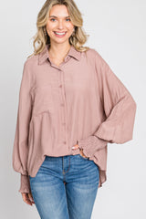 Mauve Button Up Smocked Sleeve Top