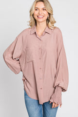 Mauve Button Up Smocked Sleeve Top