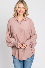 Mauve Button Up Smocked Sleeve Top