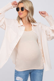 Beige Button Up Smocked Sleeve Maternity Top