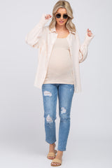 Beige Button Up Smocked Sleeve Maternity Top